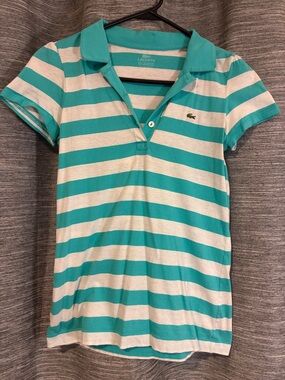Lacoste Teal and White Striped Short-Sleeve Polo Size 34